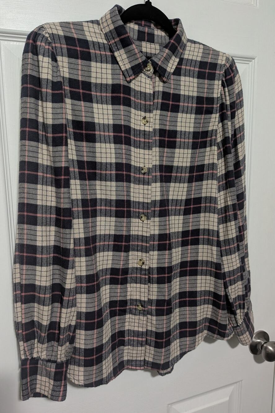 Rails Angelica Almond Pink Navy Plaid Puff Sleeve Shirt with Shoulder Pads Sz S